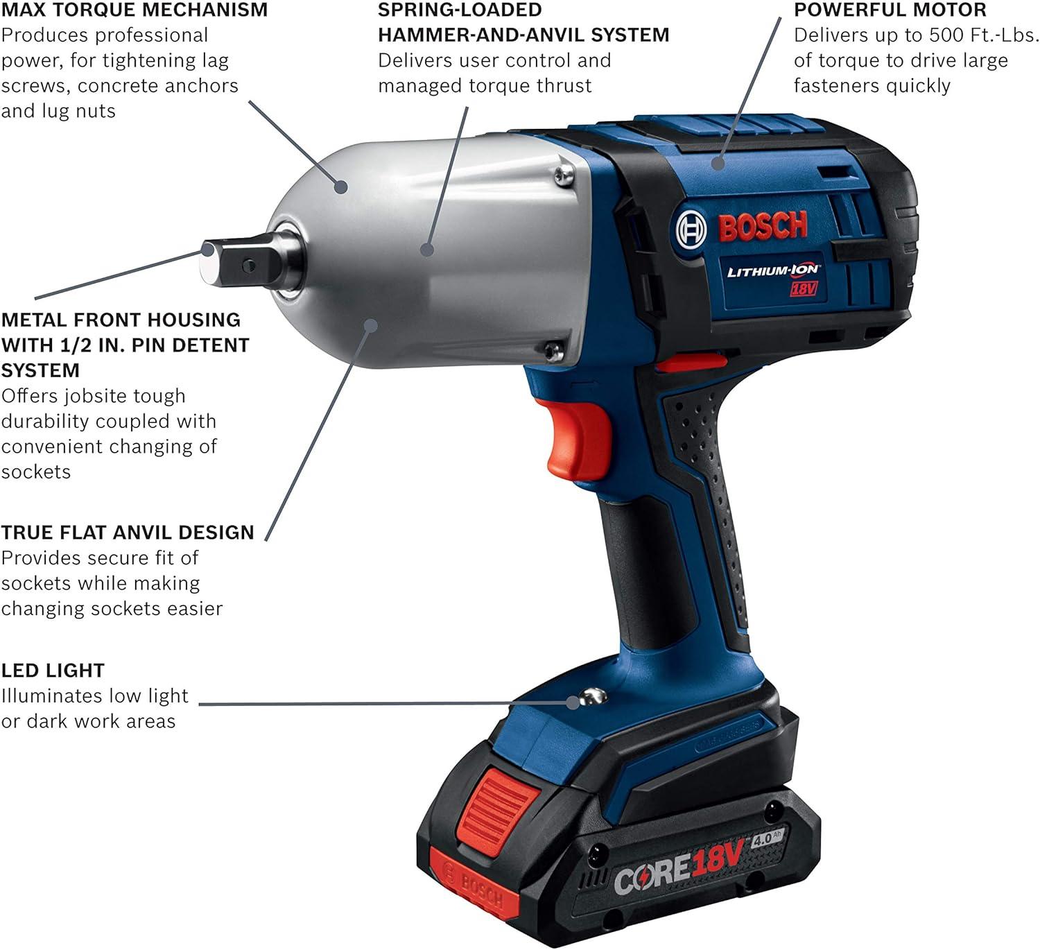imageBosch HTH181B25 18V High Torque Impact Wrench wPin Detent w 2 40 Ah CORE Compact Batteries