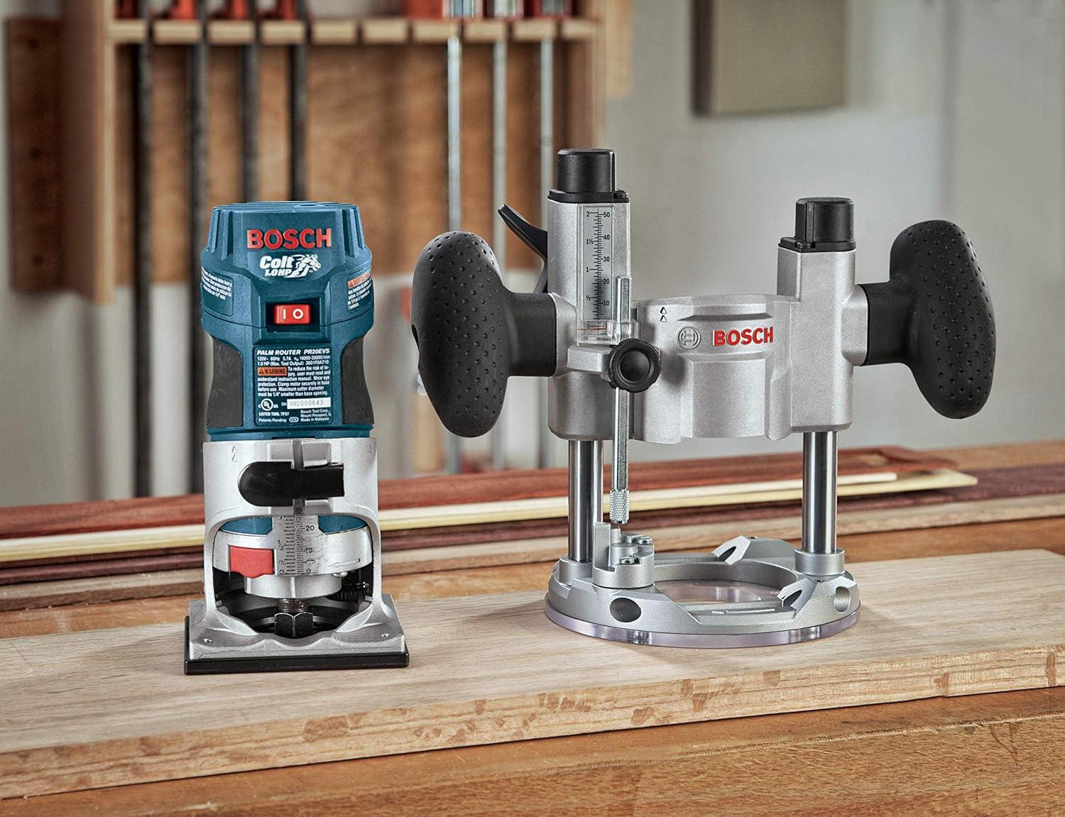 imageBosch PR20EVSPK 56Amp Colt Palm Grip 1Horsepower Fixed and Plunge Base VariableSpeed Router Combo Kit Blue