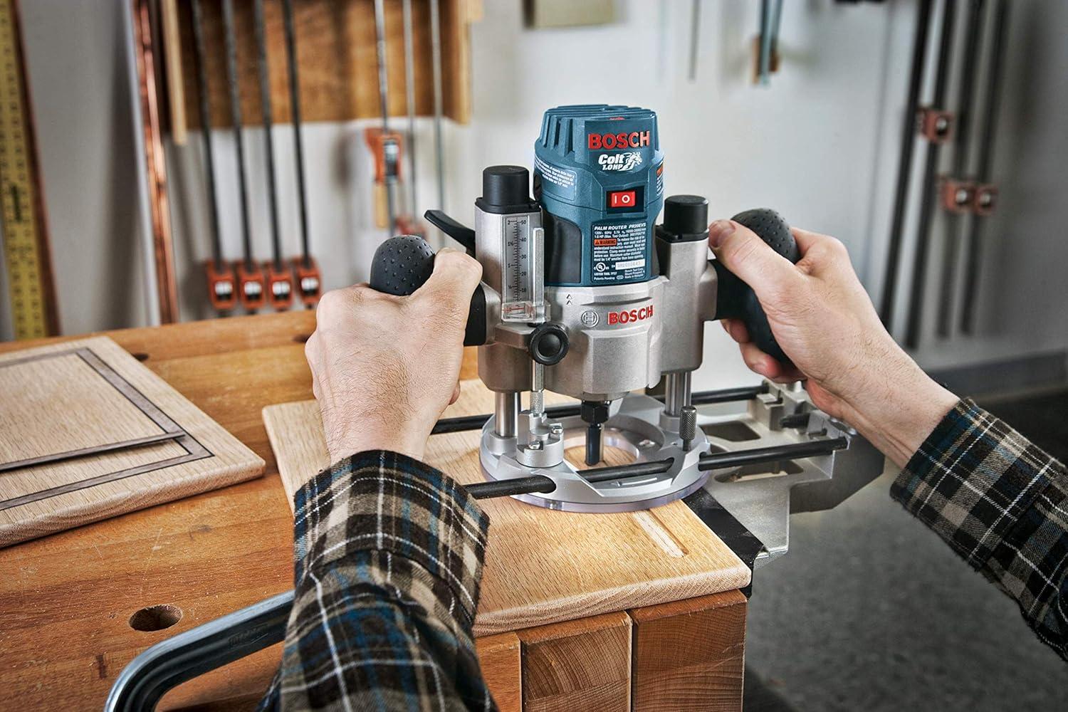 imageBosch PR20EVSPK 56Amp Colt Palm Grip 1Horsepower Fixed and Plunge Base VariableSpeed Router Combo Kit Blue