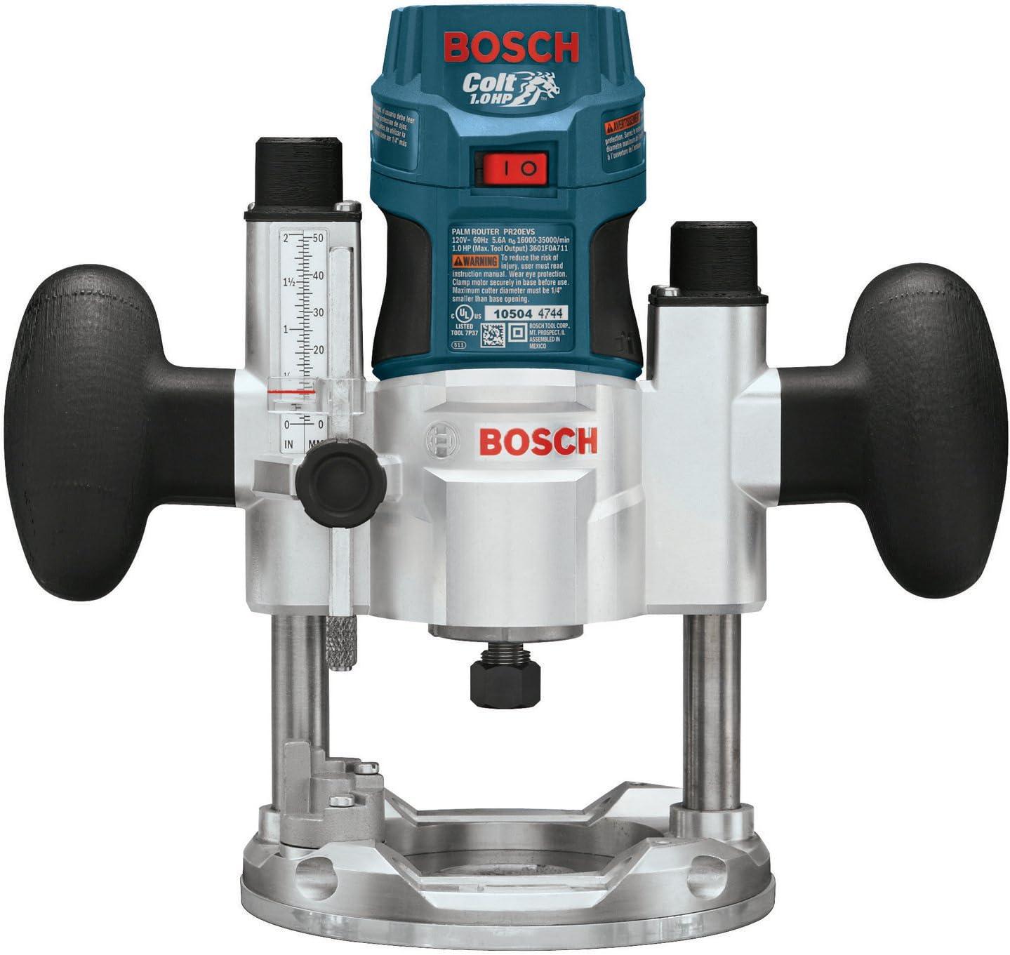 imageBosch PR20EVSPK 56Amp Colt Palm Grip 1Horsepower Fixed and Plunge Base VariableSpeed Router Combo Kit Blue