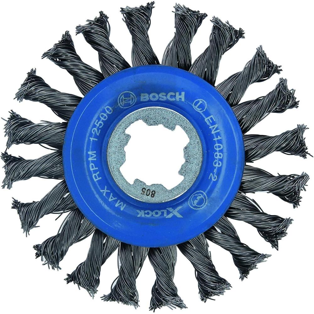 imageBOSCH WBX418 412 In XLOCK Arbor Tempered Steel Crimped Wire Wheel For Applications in Deburring Removing Oxides Flash Removal Edge BlendingCarbon Steel Wire Wheel