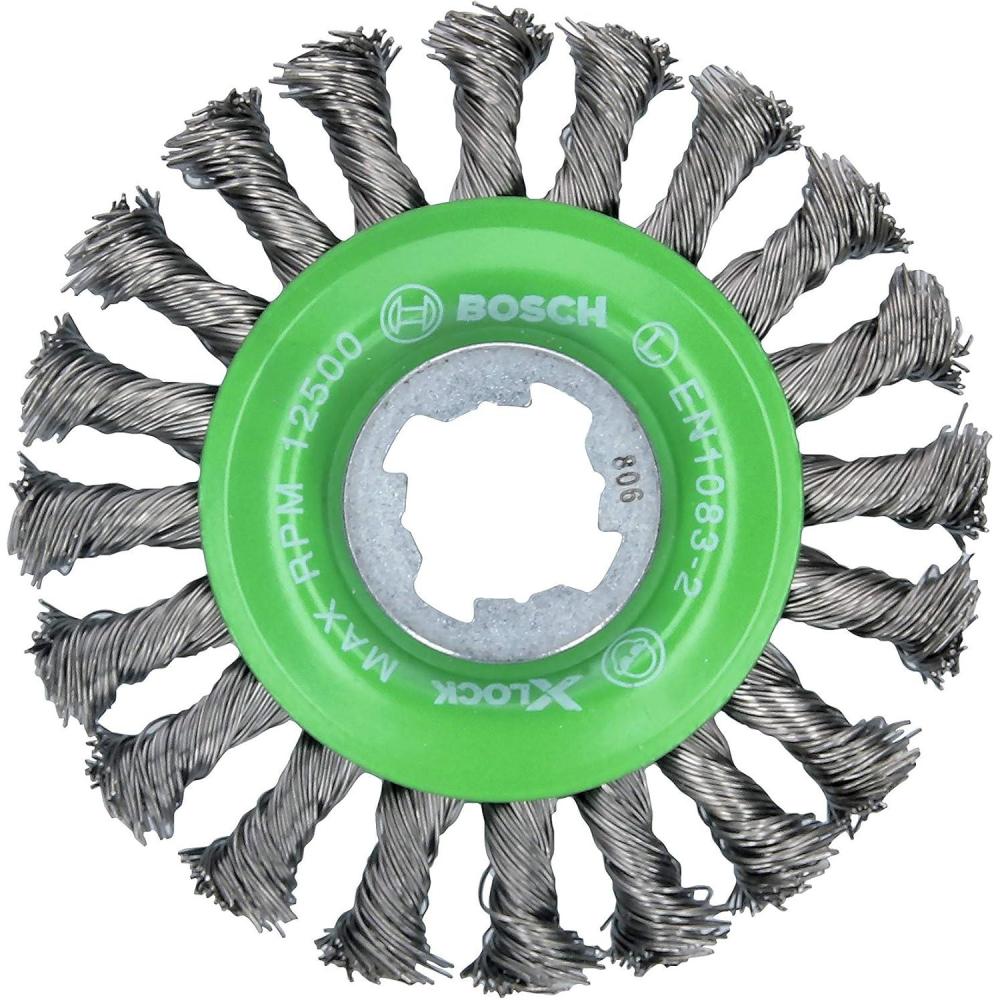 imageBOSCH WBX418 412 In XLOCK Arbor Tempered Steel Crimped Wire Wheel For Applications in Deburring Removing Oxides Flash Removal Edge BlendingStainless Steel Wire Wheel