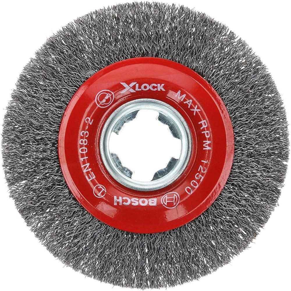 imageBOSCH WBX418 412 In XLOCK Arbor Tempered Steel Crimped Wire Wheel For Applications in Deburring Removing Oxides Flash Removal Edge BlendingTempered Steel Wire Wheel