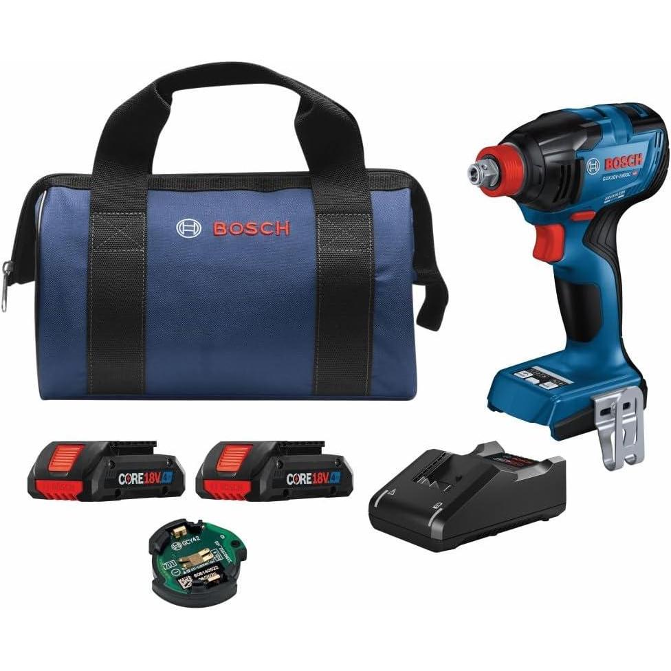 imageBosch GDX18V1860CB25 18V ConnectedReady TwoInOne 14 In and 12 In BitSocket Impact DriverWrench Kit with 2 CORE18V 4 Ah Advanced Power Batteries and 1 Connectivity Module