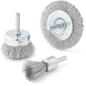 BOSCH WB025V3 3-Piece Wire Brush Set – Crimped Wire Wheel, End Wire Brush & Wire Cup Brush for Efficient Paint, Varnish & Rust Removal – Compatible with Drill/Drivers for Easy Surface Preparation