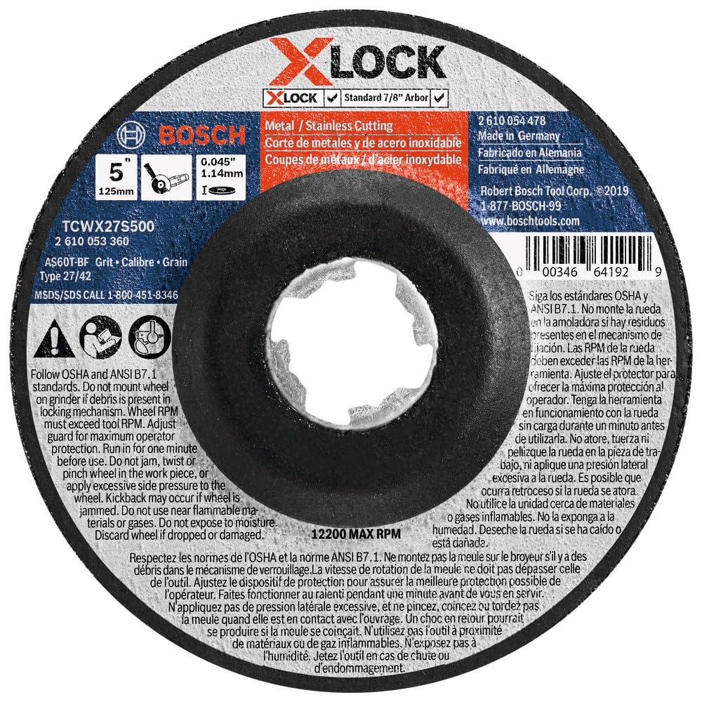 imageBOSCH CWX1M500 5 in x 116 in XLock Masonry Cutting Abrasive Wheel 24 Grit Compatible with 78 in Arbor Type 1A ISO 41 for Applications in Masonry CuttingType 27A MetalStainless