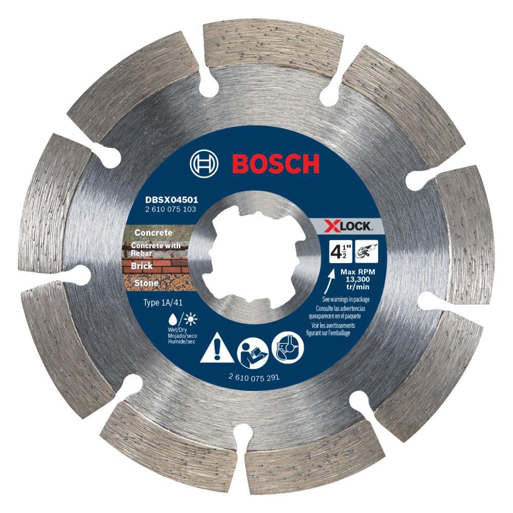imageBOSCH DBSX04502 412 in XLock Premium Segmented Rim Diamond Blade 5X Faster Change Long Life Concrete Brick Block XLock amp Standard Angle Grinders412 DIAMETER