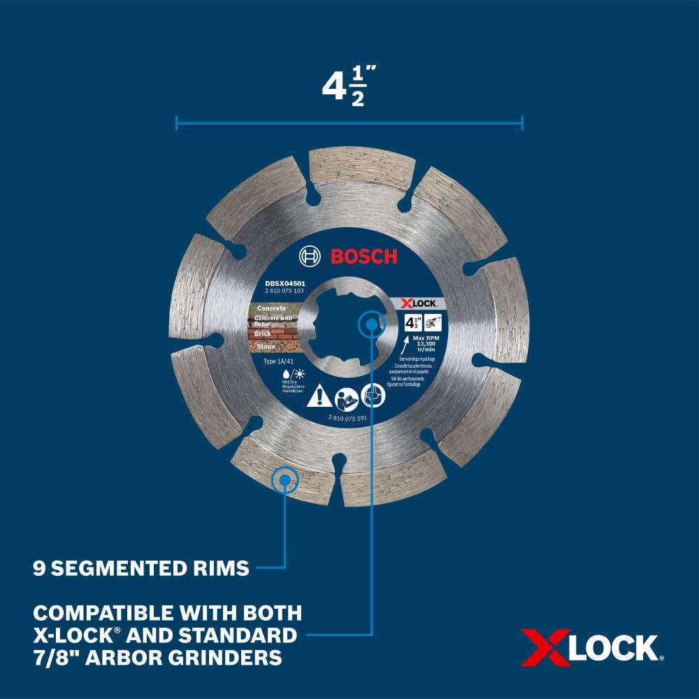 imageBOSCH DBSX04502 412 in XLock Premium Segmented Rim Diamond Blade 5X Faster Change Long Life Concrete Brick Block XLock amp Standard Angle Grinders412 DIAMETER