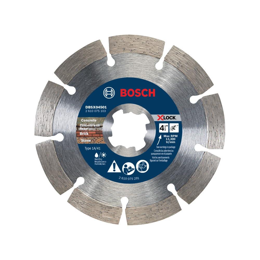 imageBOSCH DBSX04502 412 in XLock Premium Segmented Rim Diamond Blade 5X Faster Change Long Life Concrete Brick Block XLock amp Standard Angle Grinders412 DIAMETER