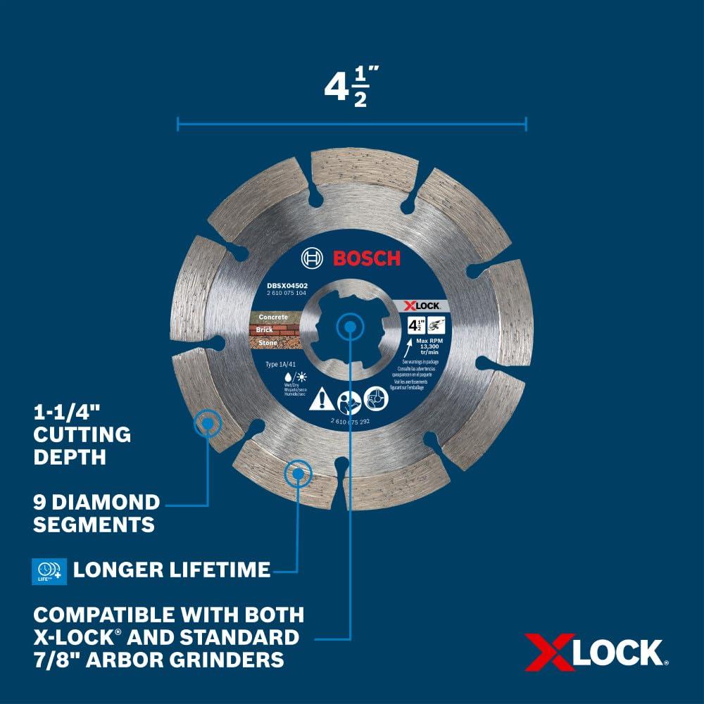 imageBOSCH DBSX04502 412 in XLock Premium Segmented Rim Diamond Blade 5X Faster Change Long Life Concrete Brick Block XLock amp Standard Angle Grinders412 DIAMETER