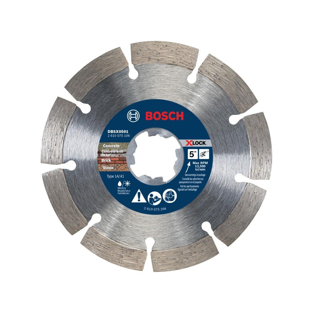 imageBOSCH DBSX04502 412 in XLock Premium Segmented Rim Diamond Blade 5X Faster Change Long Life Concrete Brick Block XLock amp Standard Angle Grinders5 DIAMETER