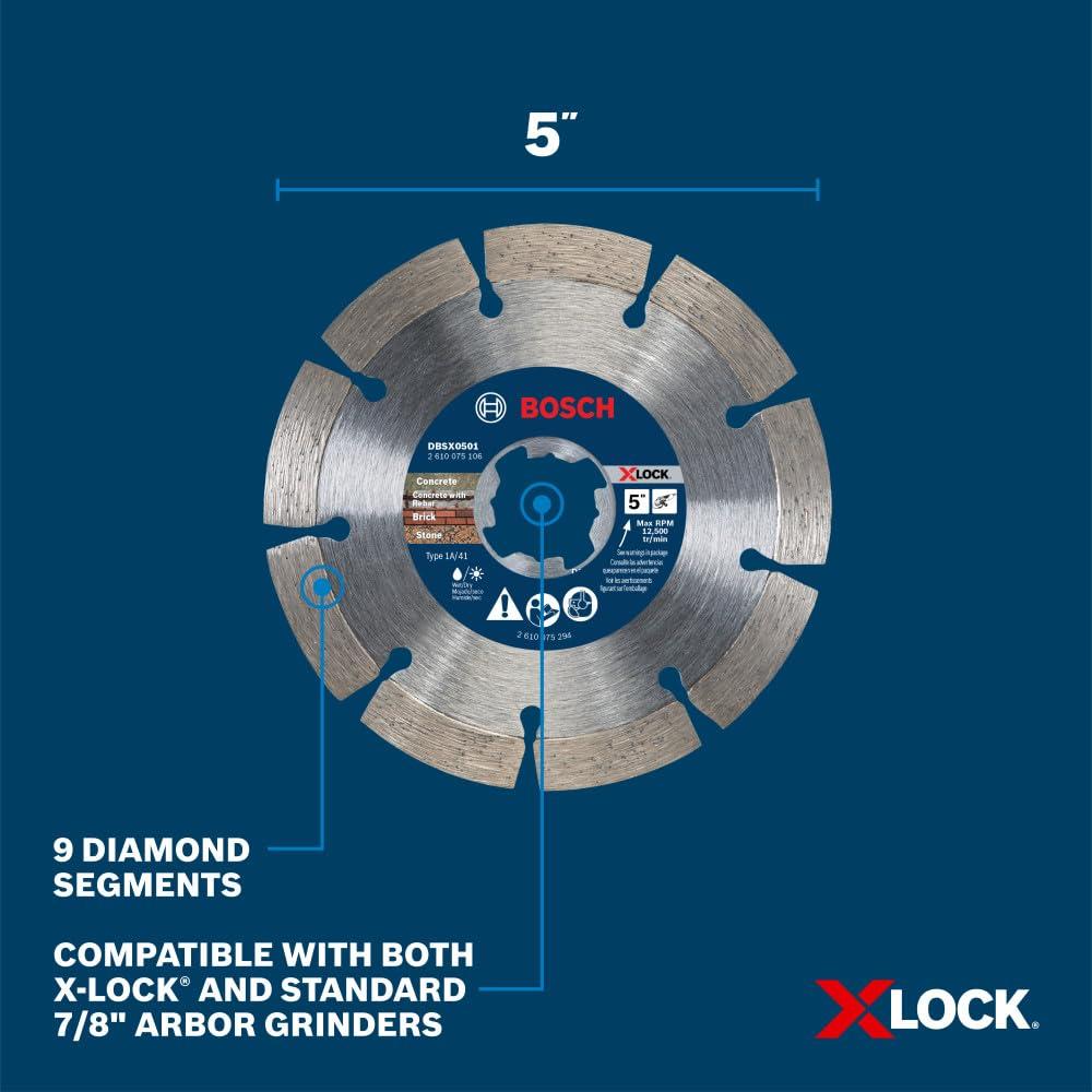 imageBOSCH DBSX04502 412 in XLock Premium Segmented Rim Diamond Blade 5X Faster Change Long Life Concrete Brick Block XLock amp Standard Angle Grinders5 DIAMETER