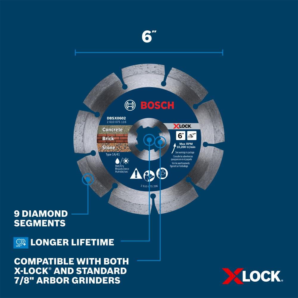 imageBOSCH DBSX04502 412 in XLock Premium Segmented Rim Diamond Blade 5X Faster Change Long Life Concrete Brick Block XLock amp Standard Angle Grinders6 DIAMETER