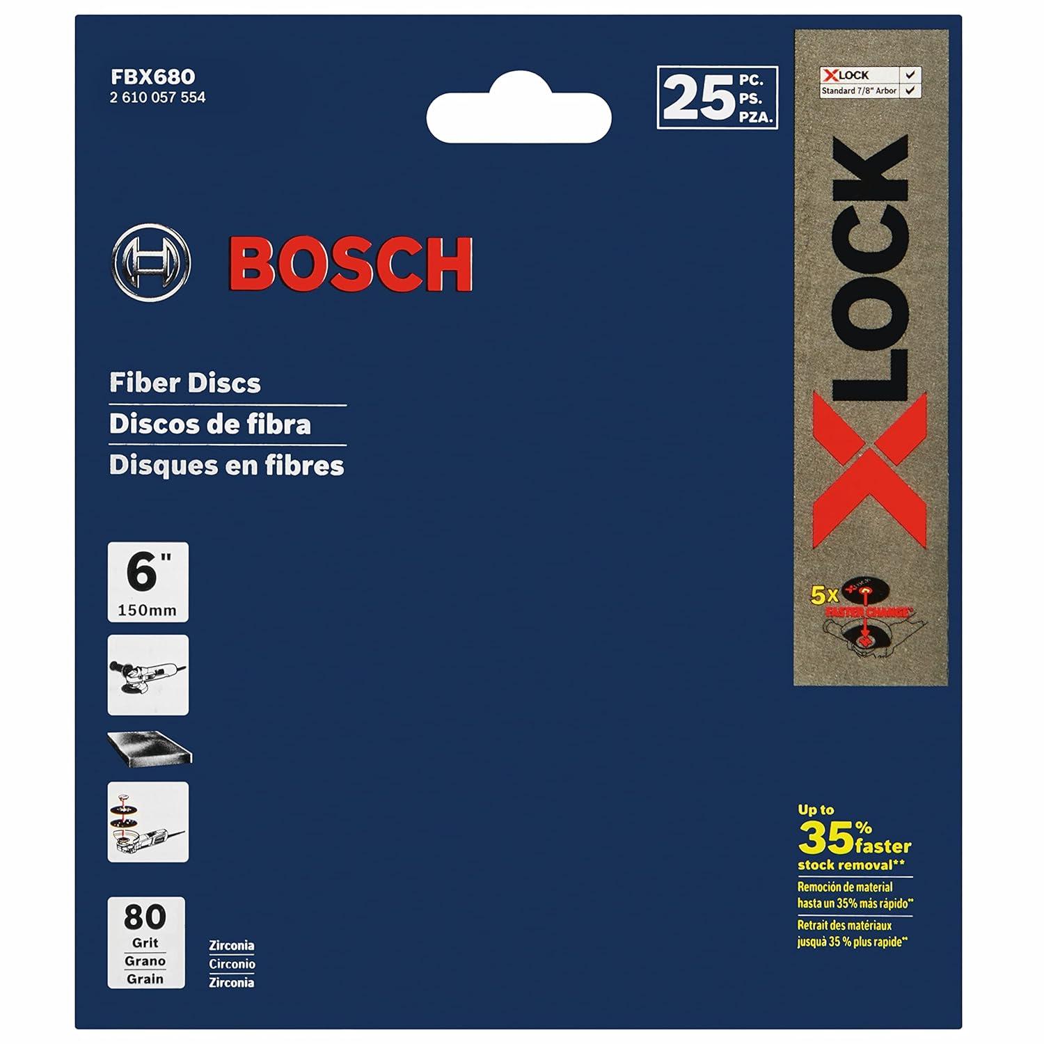 imageBOSCH FBX5100 25Pack 5 In XLOCK Fine Grit Abrasive Fiber Discs 100 Grit Compatible with 78 In Arbor for Applications in Metal Surface Finishing Weld Blending Rust Removal6 In