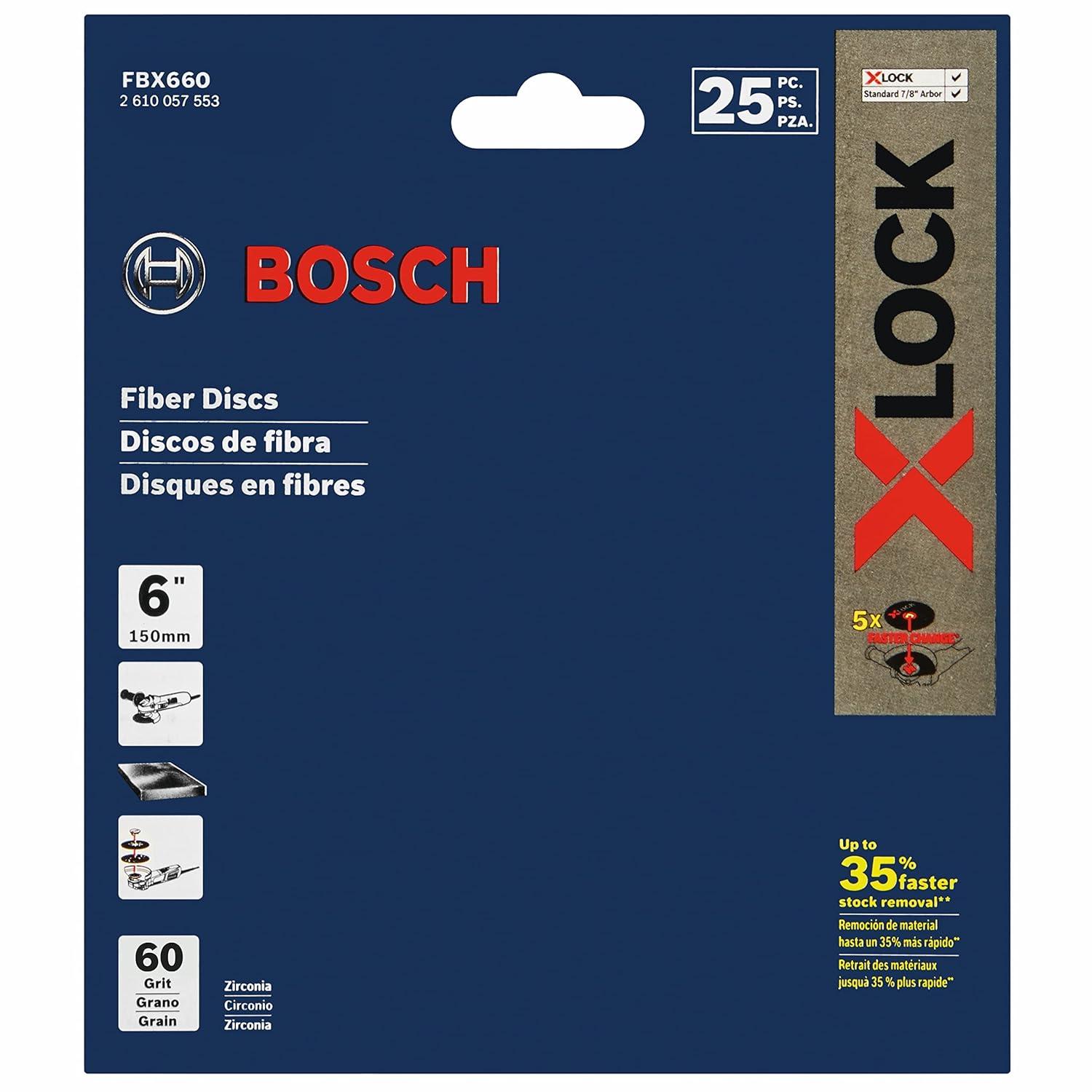 imageBOSCH FBX5100 25Pack 5 In XLOCK Fine Grit Abrasive Fiber Discs 100 Grit Compatible with 78 In Arbor for Applications in Metal Surface Finishing Weld Blending Rust Removal6 In