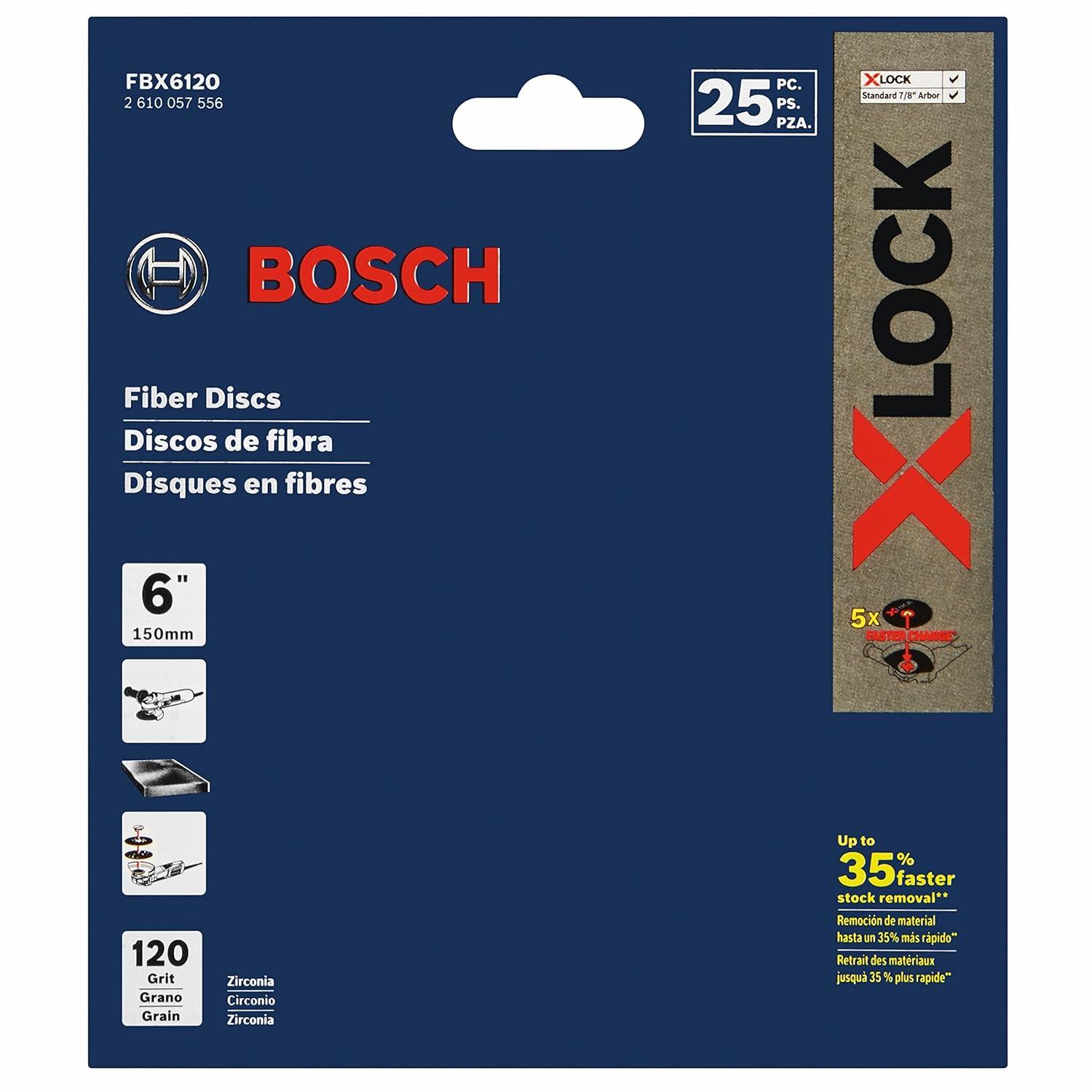 imageBOSCH FBX5100 25Pack 5 In XLOCK Fine Grit Abrasive Fiber Discs 100 Grit Compatible with 78 In Arbor for Applications in Metal Surface Finishing Weld Blending Rust Removal6 In