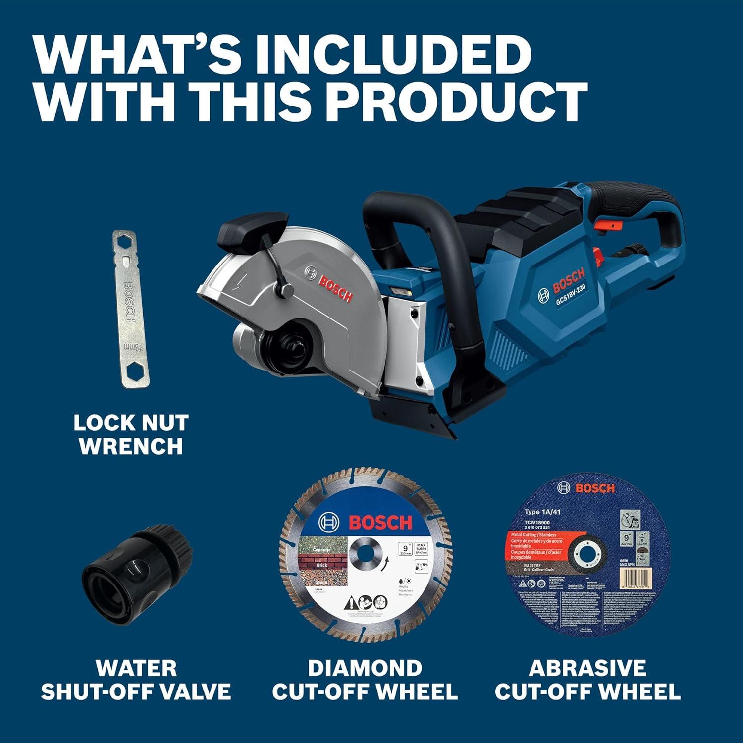 imageBOSCH GCS18V230N 18V Brushless Cordless 9Inch Cutoff Saw for Concrete amp Metal Cutting Lightweight Ergonomic Design 6Position Cutting Guard Water ShutOff Valve Easy Wheel Change Bare ToolBare Tool