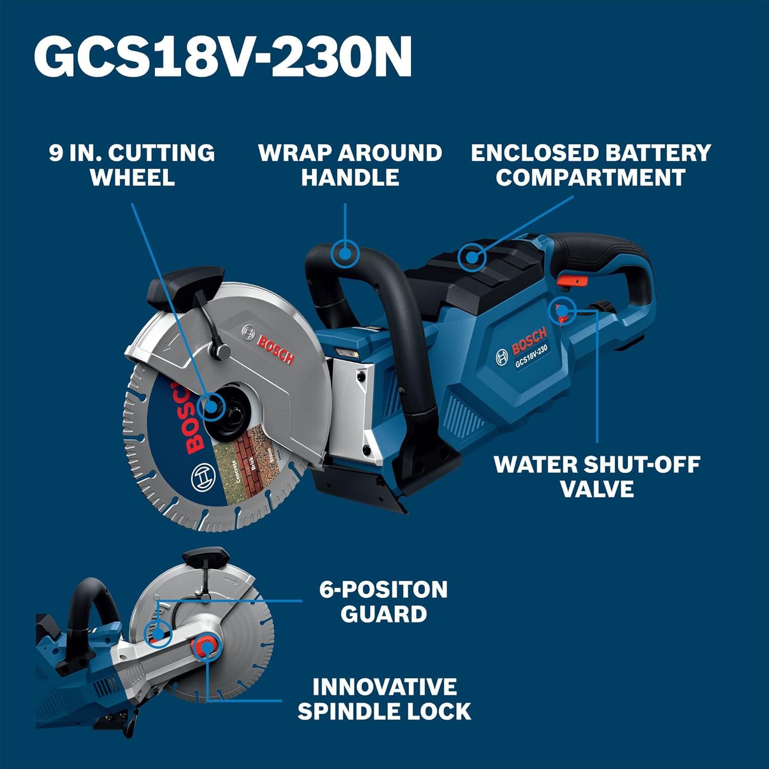 imageBOSCH GCS18V230N 18V Brushless Cordless 9Inch Cutoff Saw for Concrete amp Metal Cutting Lightweight Ergonomic Design 6Position Cutting Guard Water ShutOff Valve Easy Wheel Change Bare ToolBare Tool