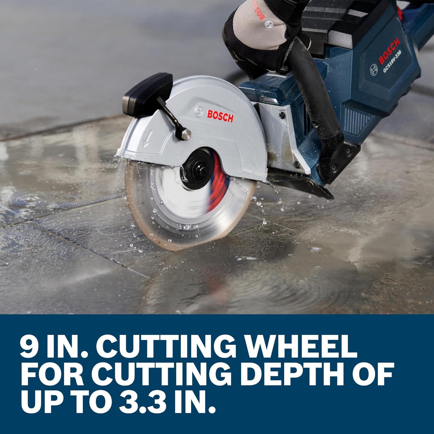 imageBOSCH GCS18V230N 18V Brushless Cordless 9Inch Cutoff Saw for Concrete amp Metal Cutting Lightweight Ergonomic Design 6Position Cutting Guard Water ShutOff Valve Easy Wheel Change Bare ToolBare Tool