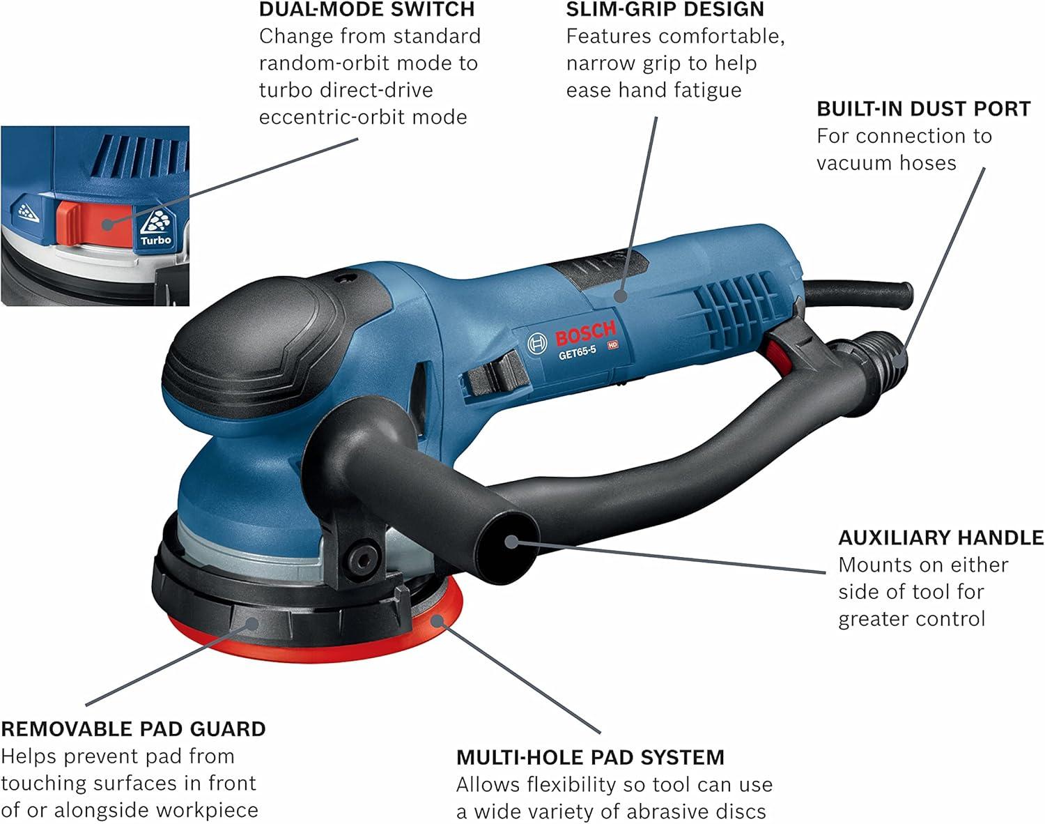 imageBOSCH GET756N Electric Orbital Sander Polisher 75 Amp Corded 6 Inch Disc Size DualMode Random Orbit amp Turbo5 Inch