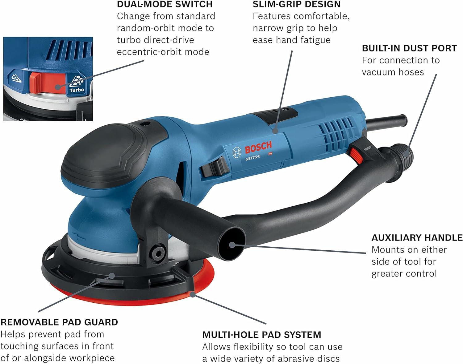 imageBOSCH GET756N Electric Orbital Sander Polisher 75 Amp Corded 6 Inch Disc Size DualMode Random Orbit amp Turbo6 Inch