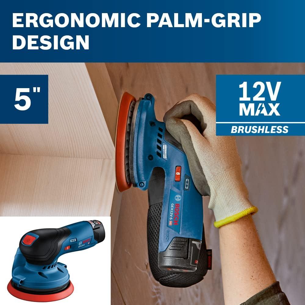 imageBOSCH GEX12V5N 12V Max Brushless 5 Random Orbit Sander Ergonomic Palm Grip Dust Collection System Speed Selector SoftStart Technology Bare Tool