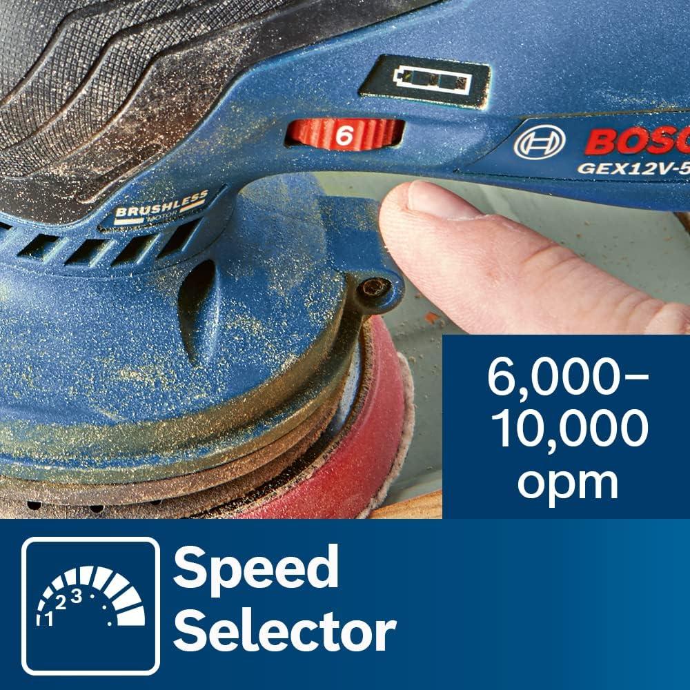 imageBOSCH GEX12V5N 12V Max Brushless 5 Random Orbit Sander Ergonomic Palm Grip Dust Collection System Speed Selector SoftStart Technology Bare Tool