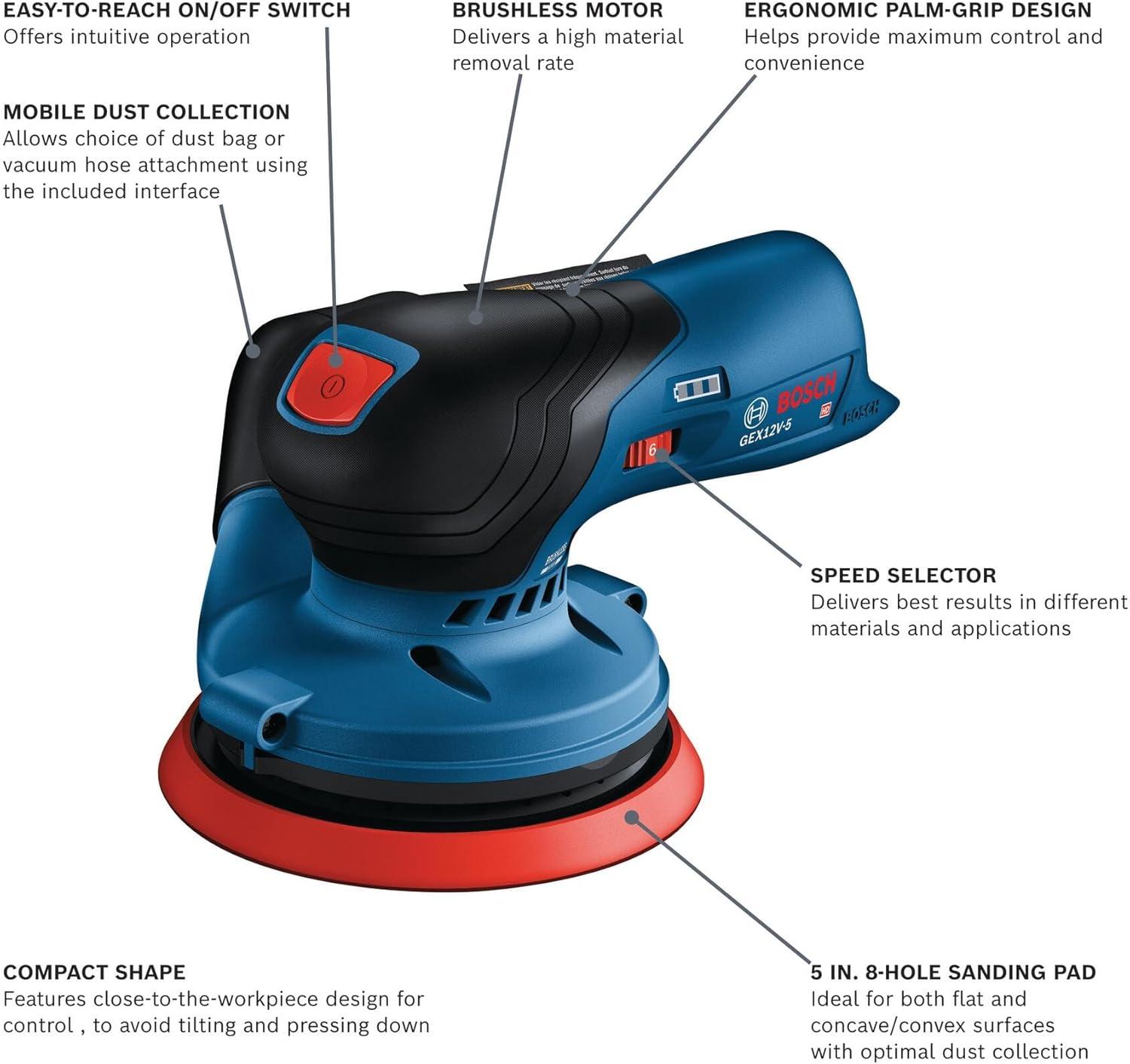 imageBOSCH GEX12V5N 12V Max Brushless 5 Random Orbit Sander Ergonomic Palm Grip Dust Collection System Speed Selector SoftStart Technology Bare Tool