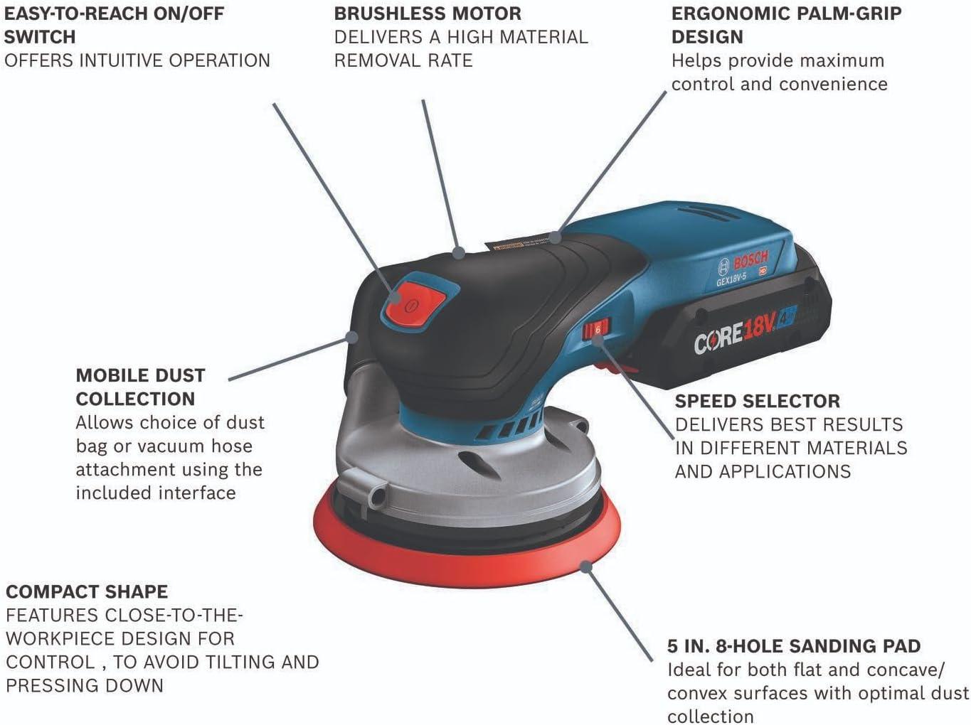imageBOSCH GEX18V5N 18V Brushless 5 Inch Cordless Random Orbit Sander Bare ToolW 18V 4 Ah Battery