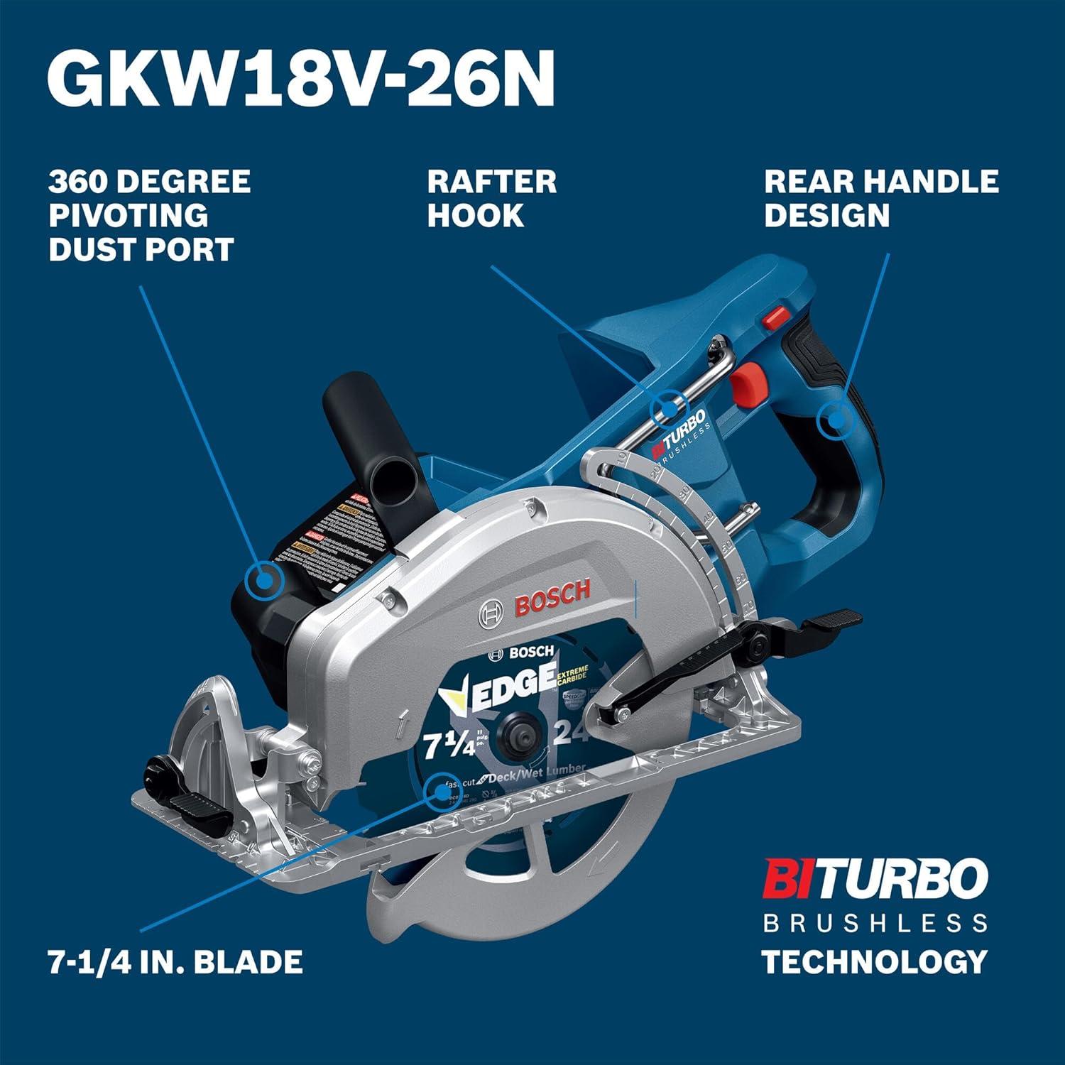 imageBOSCH GKW18V26N PROFACTOR 18V 714 Rear Handle Circular Saw BITURBO Brushless Technology 5000 RPM Lightweight Ergonomic Design Left Blade Orientation Electronic Brake Dust Port Bare Tool