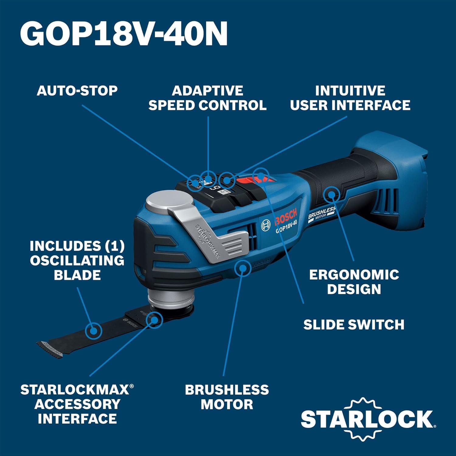 imageBOSCH GOP18V40N 18V Brushless StarlockMax Oscillating Tool Powerful 20000 OPM 6 Speed Settings AutoStop Ergonomic Design Fast Accessory Changes Ideal for Remodelers amp Contractors