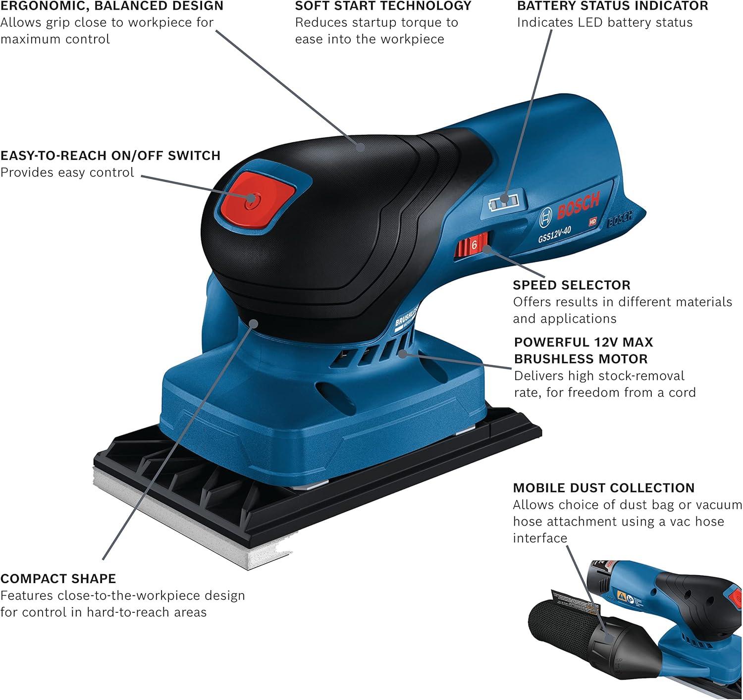 imageBOSCH GSS12V40N 12V Max Brushless Orbital Finishing Sander With Dust Bag 14 and 13 Sheet Bare Tool