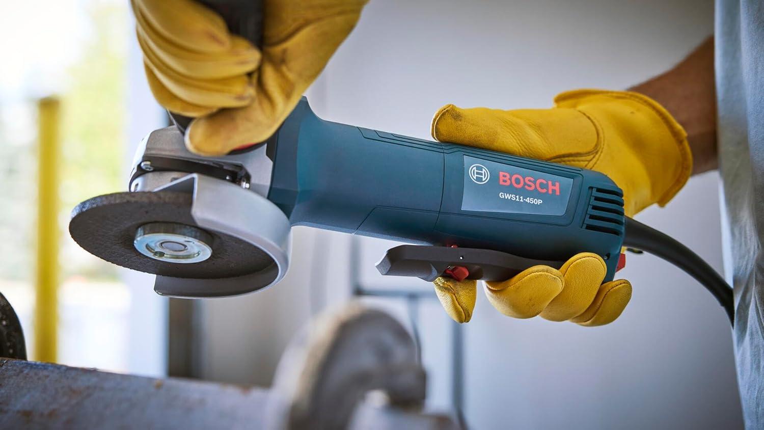 imageBOSCH GWS11450P 4 In Ergonomic Angle Grinder 11Amp Motor AntiVibration Handle Adjustable Guard KickBack Control Ideal for Metal and Concrete Applications