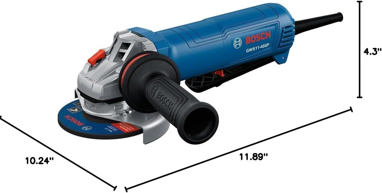 imageBOSCH GWS11450P 4 In Ergonomic Angle Grinder 11Amp Motor AntiVibration Handle Adjustable Guard KickBack Control Ideal for Metal and Concrete Applications