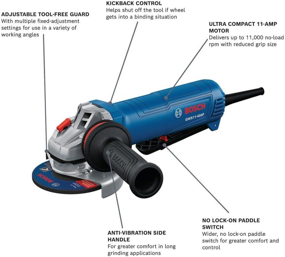 imageBOSCH GWS11450P 4 In Ergonomic Angle Grinder 11Amp Motor AntiVibration Handle Adjustable Guard KickBack Control Ideal for Metal and Concrete Applications