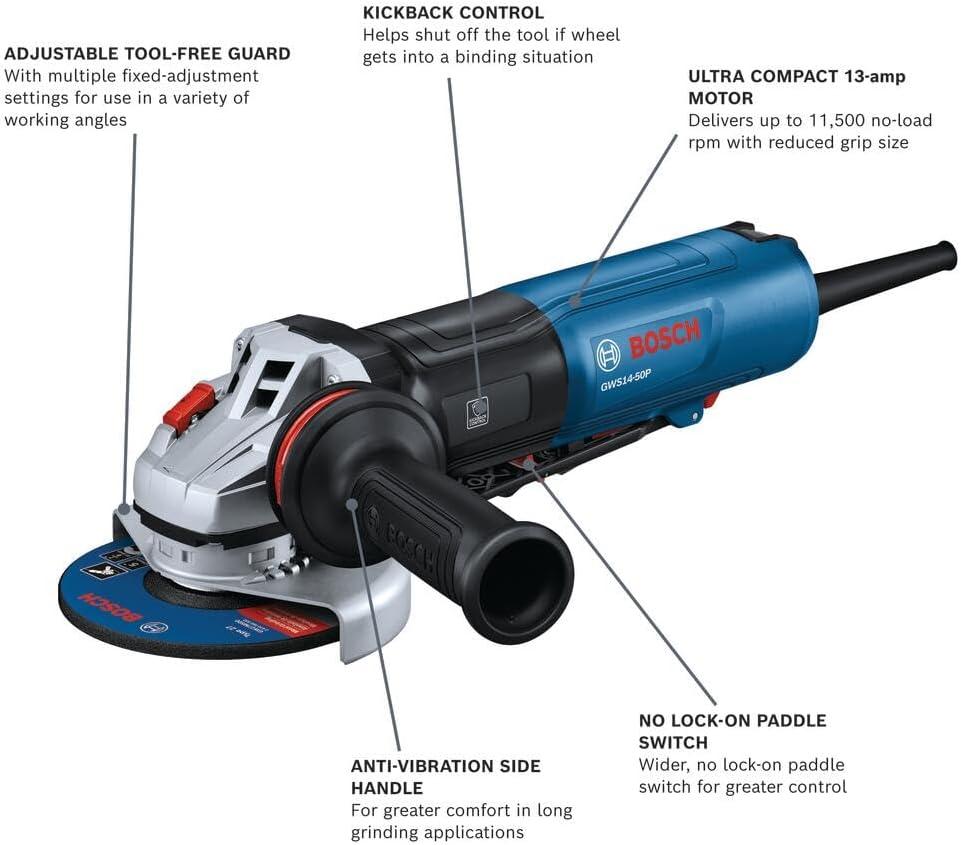imageBOSCH GWS1450P 5 In Angle Grinder with LockOn Paddle Switch Complete Set for Versatile Grinding and Cutting