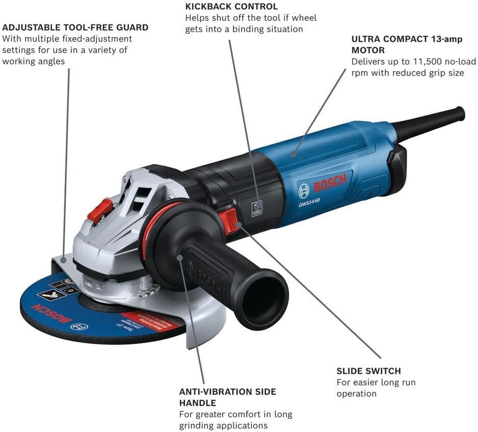 imageBOSCH GWS1460 6 In Angle Grinder with Slide Switch Compact Powerful and Ergonomic for Grinding and Cutting Applications