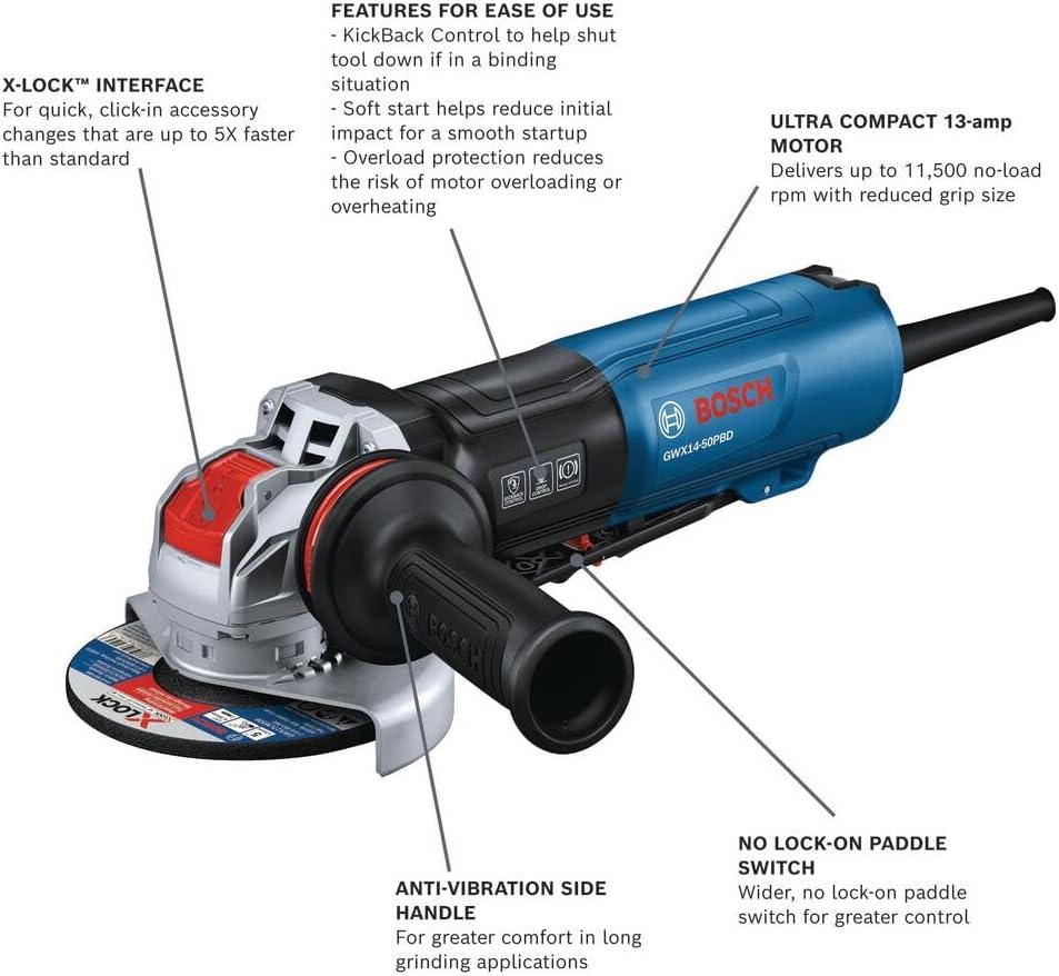 imageBOSCH GWX1450PBD 5 In XLOCK Angle Grinder 13Amp Motor 11500 RPM Lightweight Design Paddle Switch Brake System AntiVibration Handle KickBack Control Overload Protection