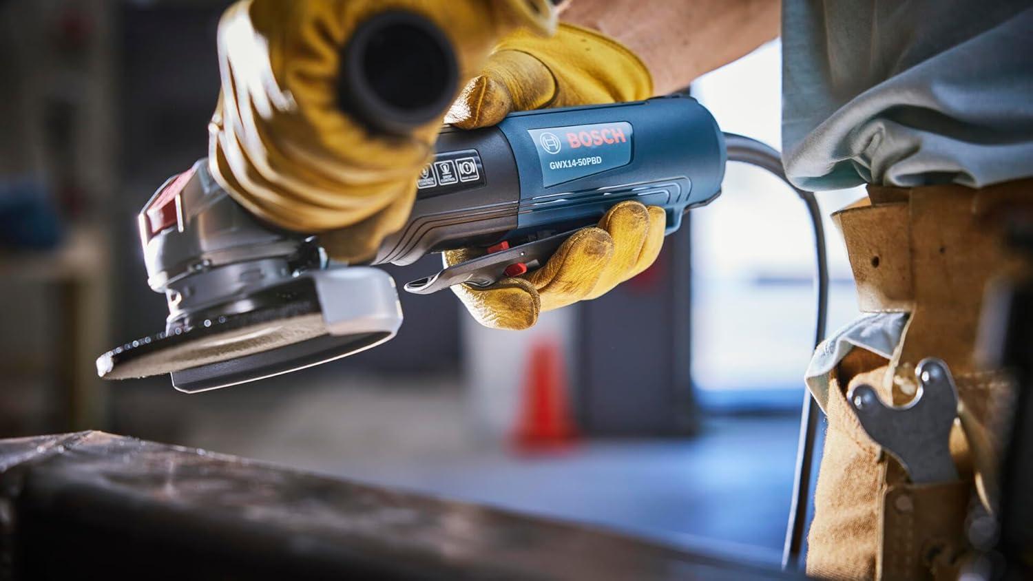 imageBOSCH GWX1450PBD 5 In XLOCK Angle Grinder 13Amp Motor 11500 RPM Lightweight Design Paddle Switch Brake System AntiVibration Handle KickBack Control Overload Protection