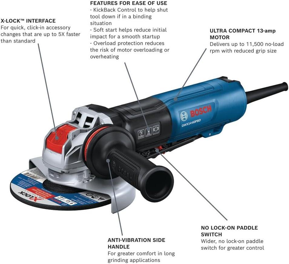 imageBOSCH GWX1460PBD 6 In XLOCK Angle Grinder 13Amp Motor 9700 rpm Lightweight Design Paddle Switch Brake System AntiVibration Handle KickBack Control Overload Protection