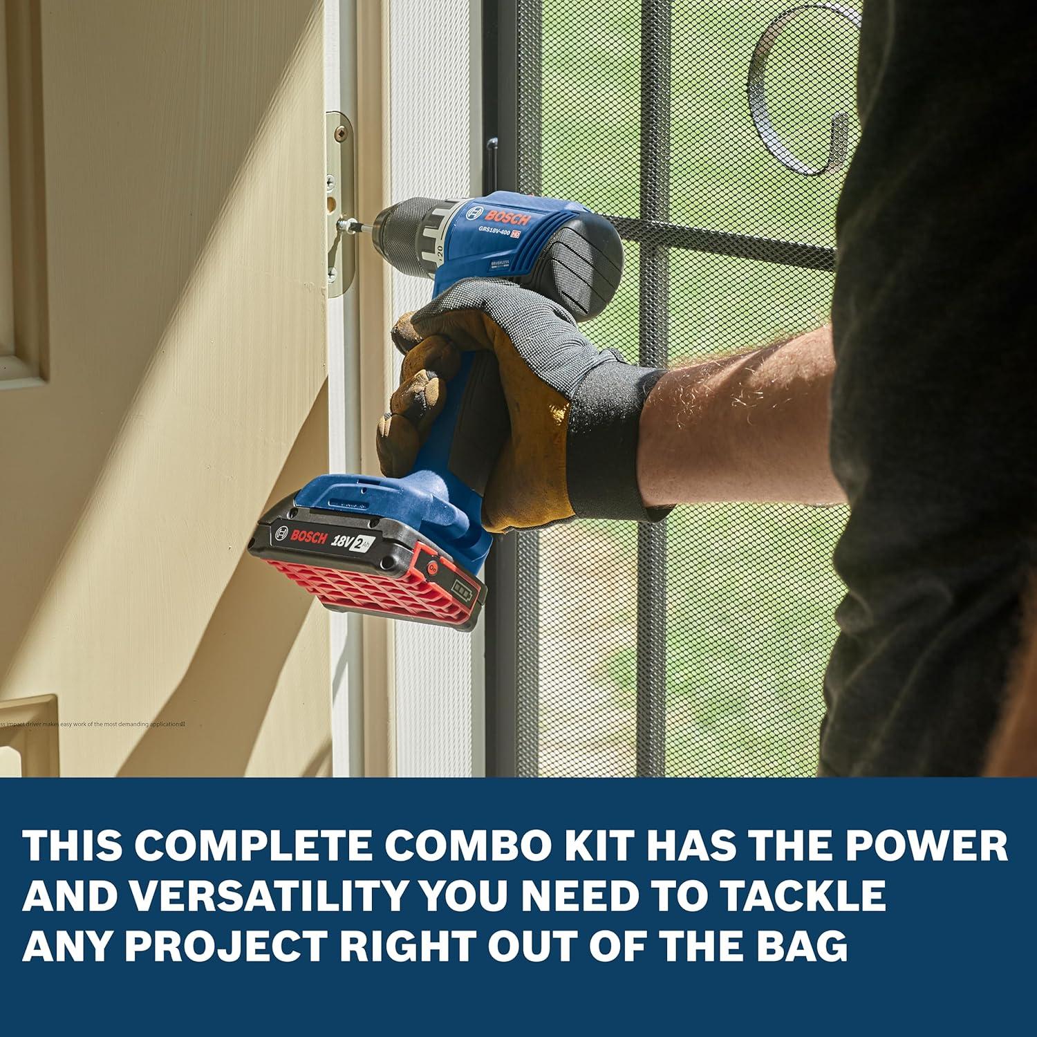 imageBOSCH GXL18V27B22 Power Tool Combo Kit 18V Brushless Compact 12 In Cordless Drill Driver and 14 In Hex Impact Driver Includes Two 20Ah Batteries 18V Charger and Carrying Tool Bag