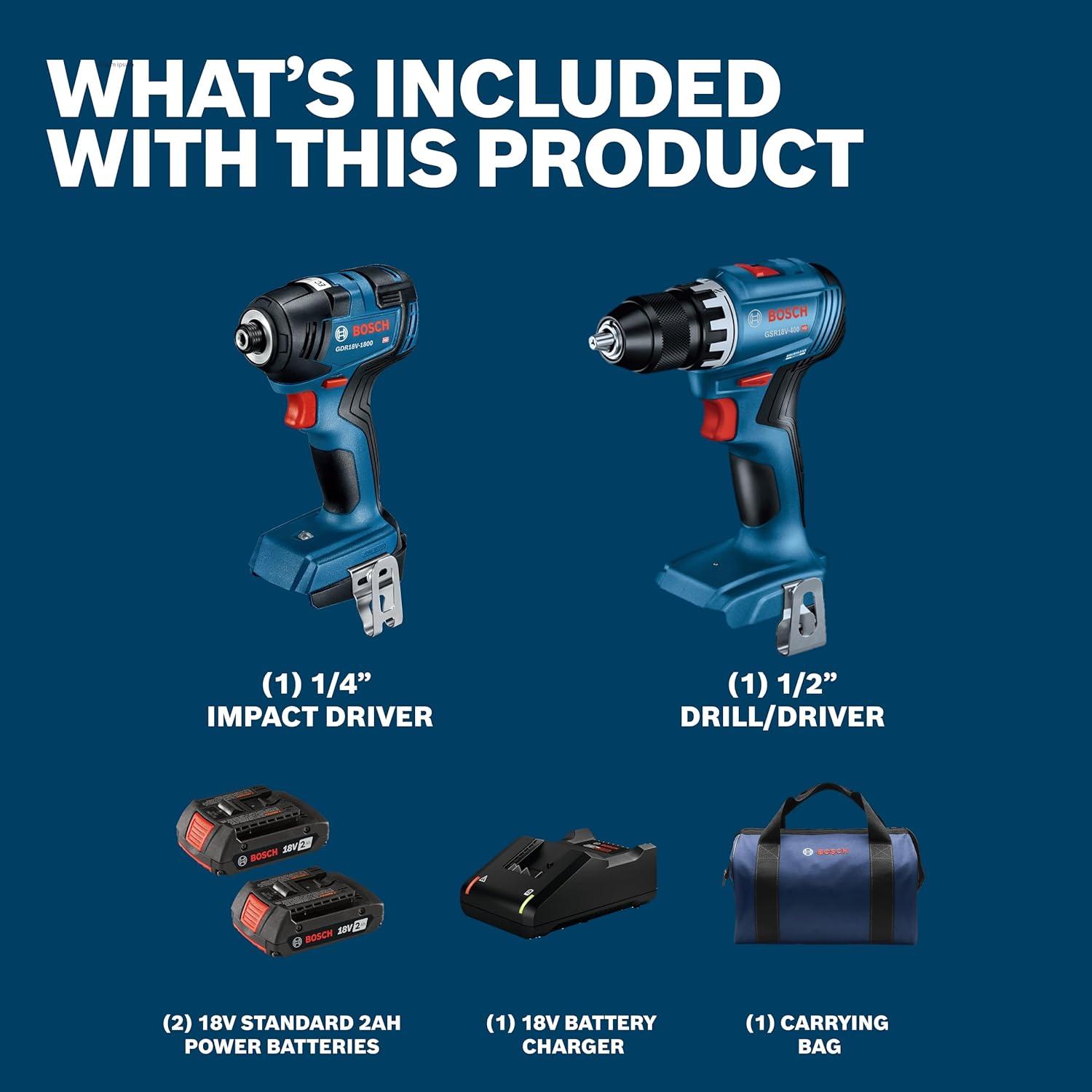 imageBOSCH GXL18V27B22 Power Tool Combo Kit 18V Brushless Compact 12 In Cordless Drill Driver and 14 In Hex Impact Driver Includes Two 20Ah Batteries 18V Charger and Carrying Tool Bag