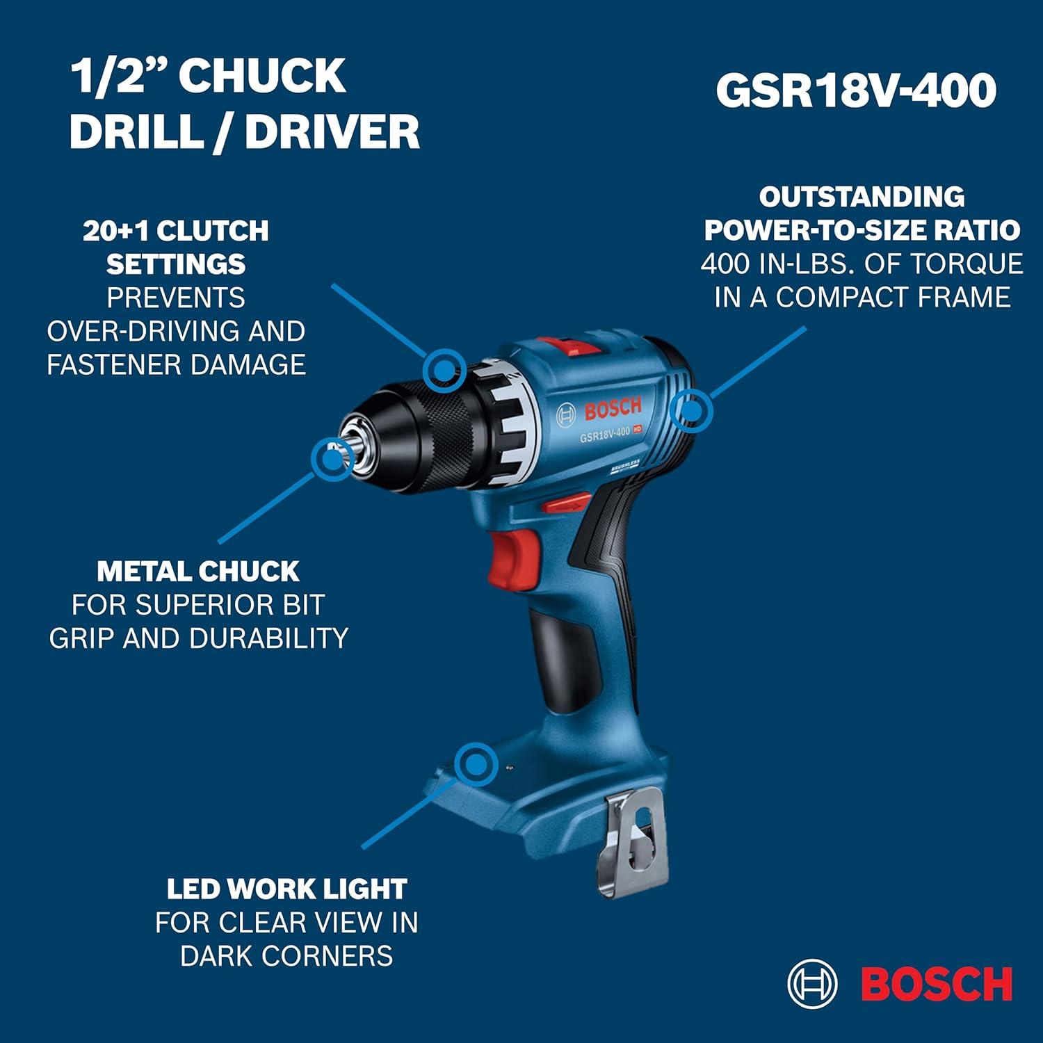 imageBOSCH GXL18V27B22 Power Tool Combo Kit 18V Brushless Compact 12 In Cordless Drill Driver and 14 In Hex Impact Driver Includes Two 20Ah Batteries 18V Charger and Carrying Tool Bag