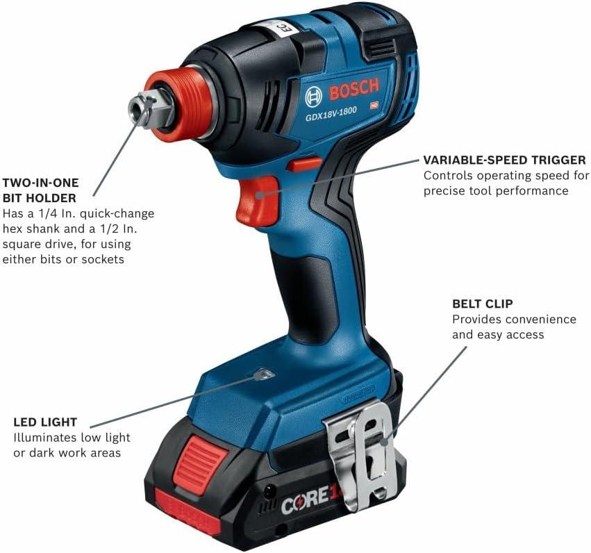 imageBOSCH GXL18V501B25 18V 5Tool Combo Kit with 2In1 BitSocket Impact DriverWrench 12 In Hammer DrillDriver Reciprocating Saw Circular Saw LED Worklight and 2 CORE18V 4 Ah Compact Batteries5Tool Combo Kit