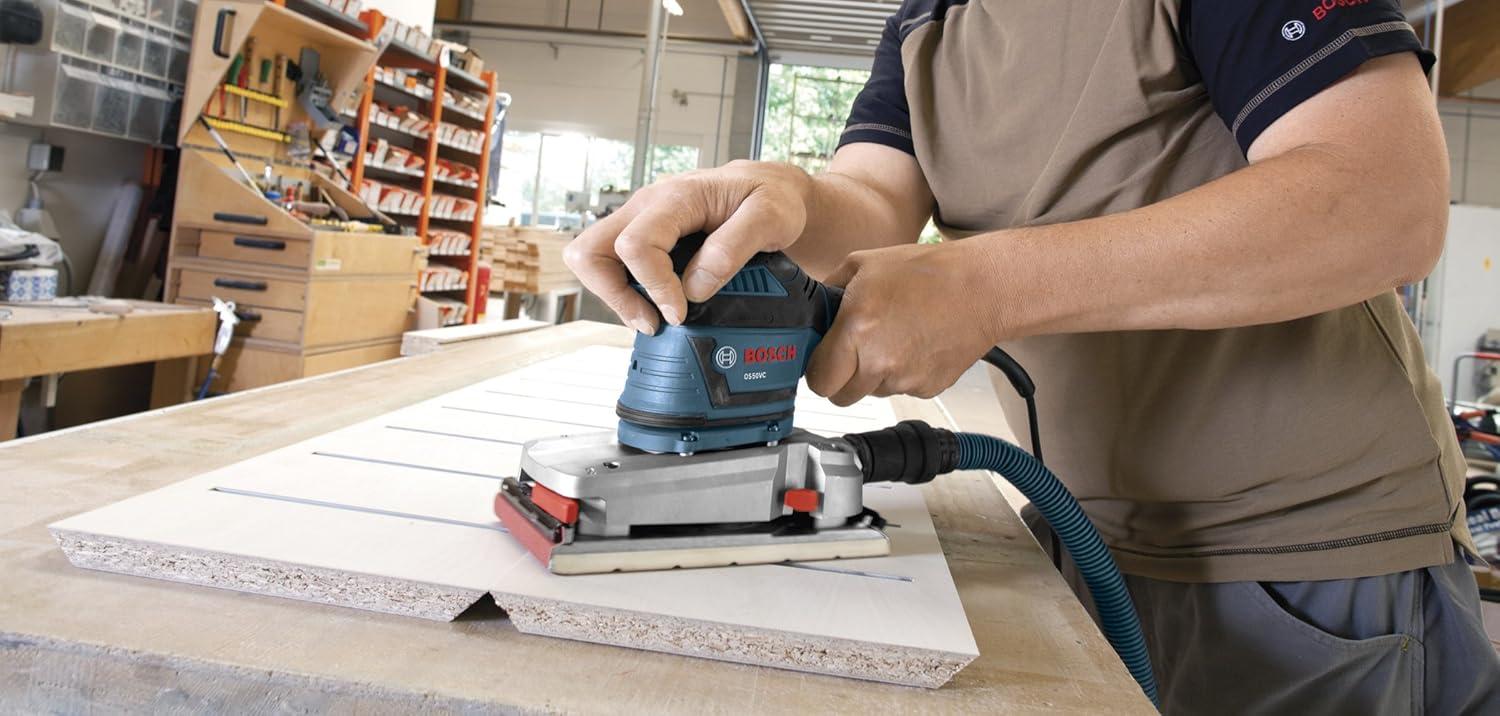 imageBOSCH OS50VC Electric Orbital Sander 34 Amp 12 Inch Finishing Belt Sander Kit with Vibration Control for 45 Inch x 9 Inch Sheets Blue