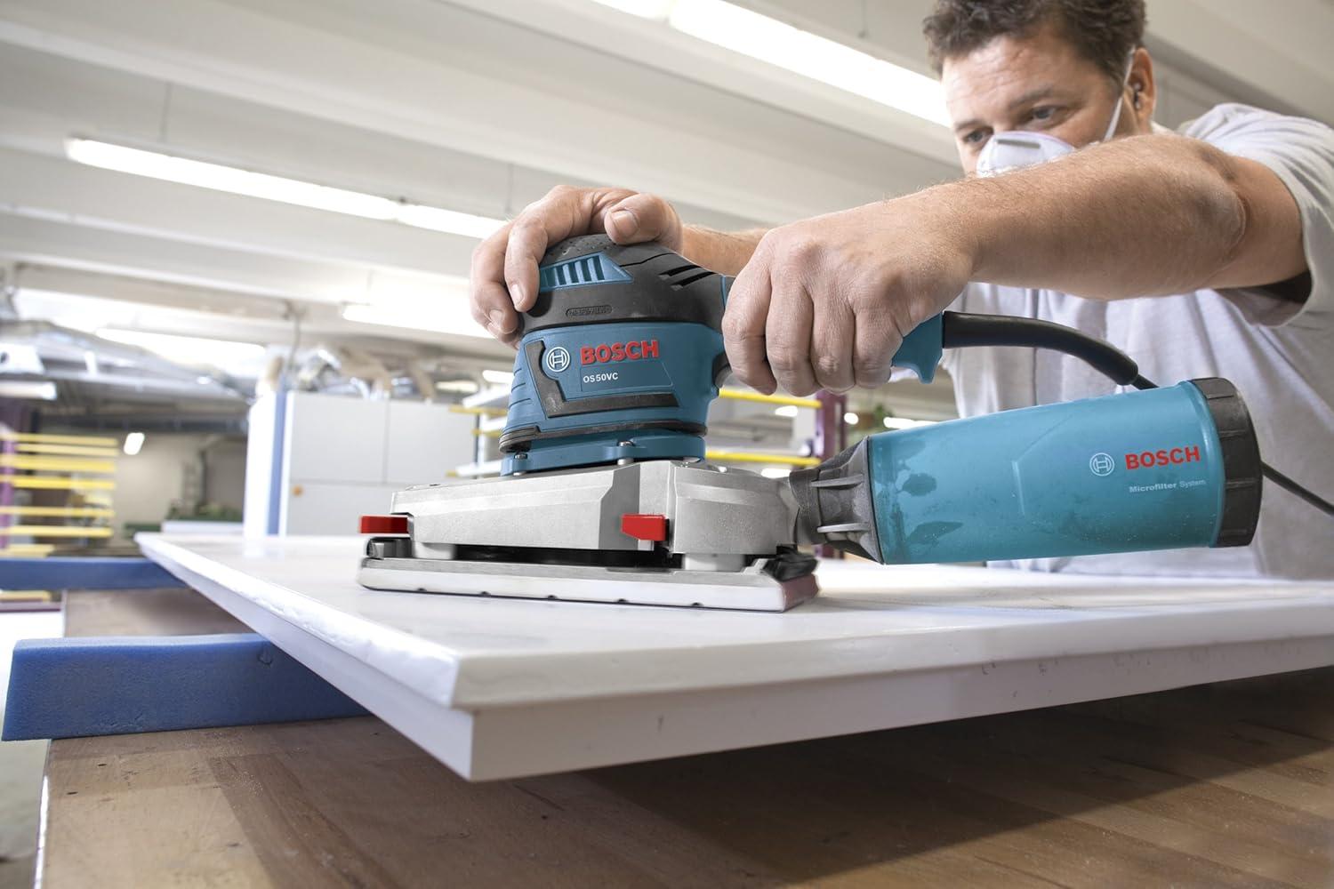 imageBOSCH OS50VC Electric Orbital Sander 34 Amp 12 Inch Finishing Belt Sander Kit with Vibration Control for 45 Inch x 9 Inch Sheets Blue