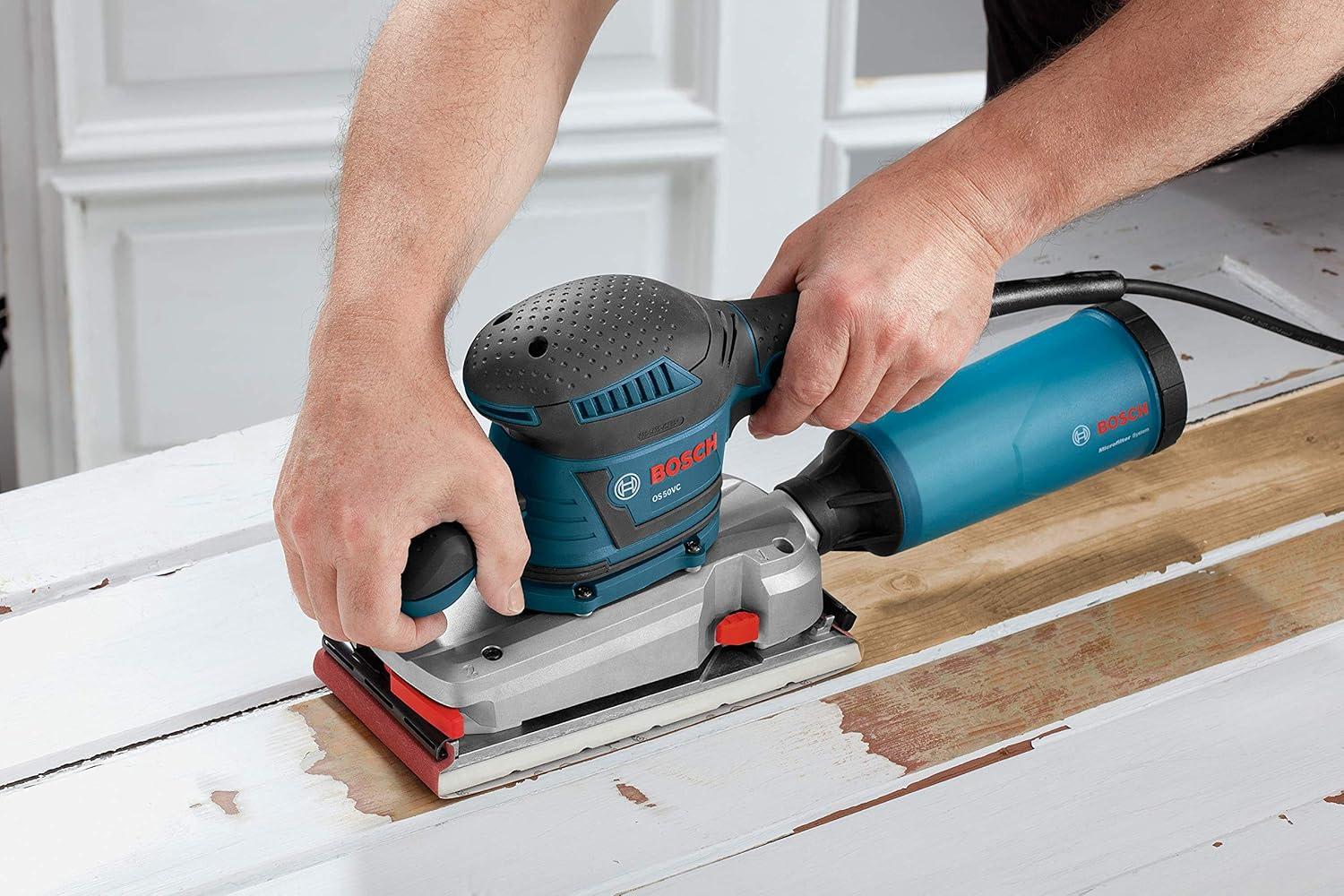 imageBOSCH OS50VC Electric Orbital Sander 34 Amp 12 Inch Finishing Belt Sander Kit with Vibration Control for 45 Inch x 9 Inch Sheets Blue