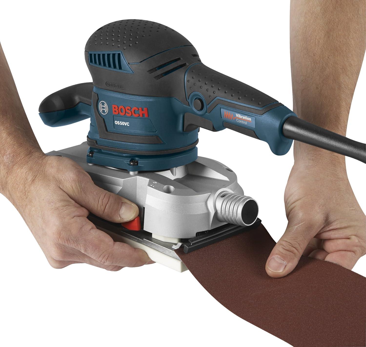 imageBOSCH OS50VC Electric Orbital Sander 34 Amp 12 Inch Finishing Belt Sander Kit with Vibration Control for 45 Inch x 9 Inch Sheets Blue