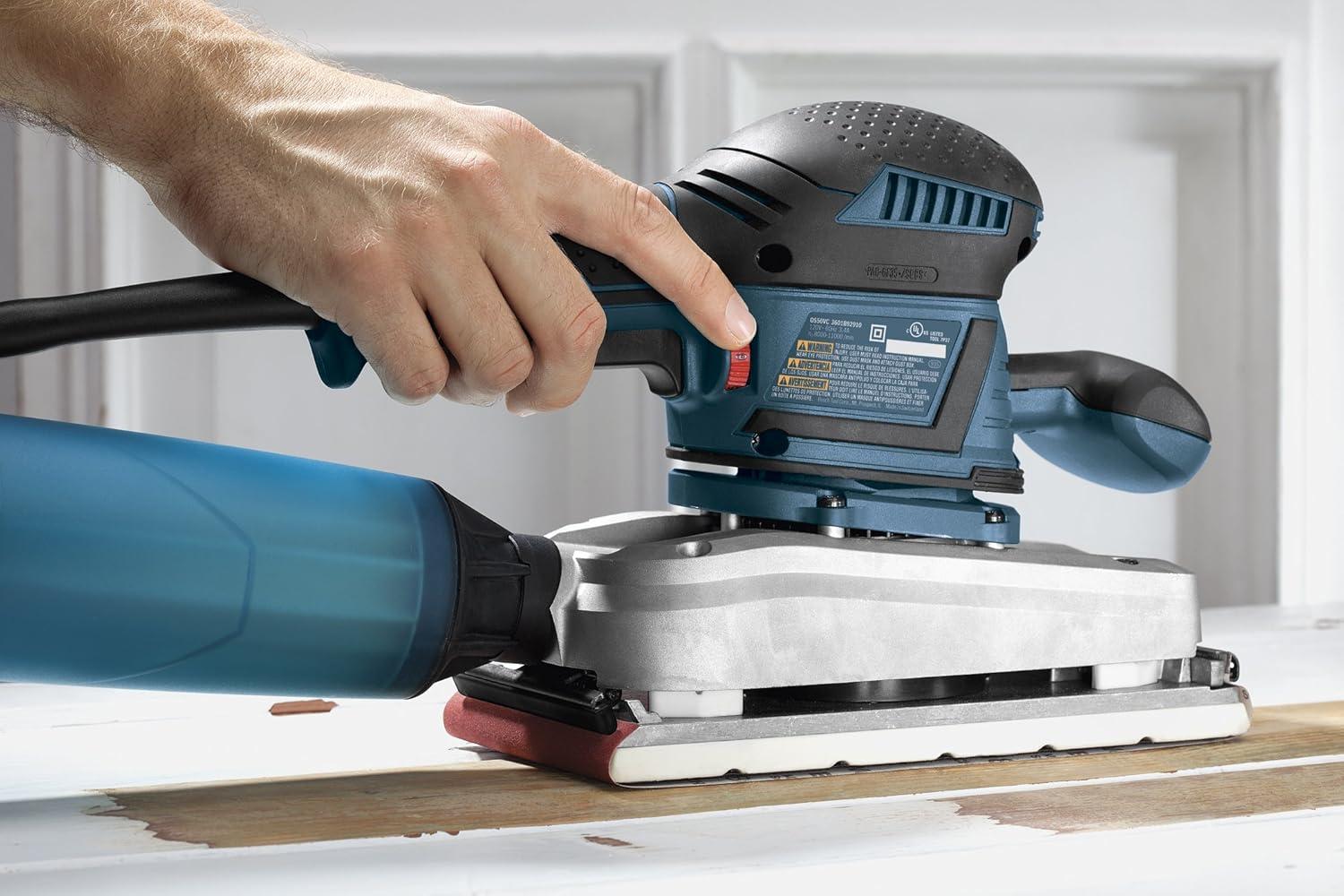 imageBOSCH OS50VC Electric Orbital Sander 34 Amp 12 Inch Finishing Belt Sander Kit with Vibration Control for 45 Inch x 9 Inch Sheets Blue