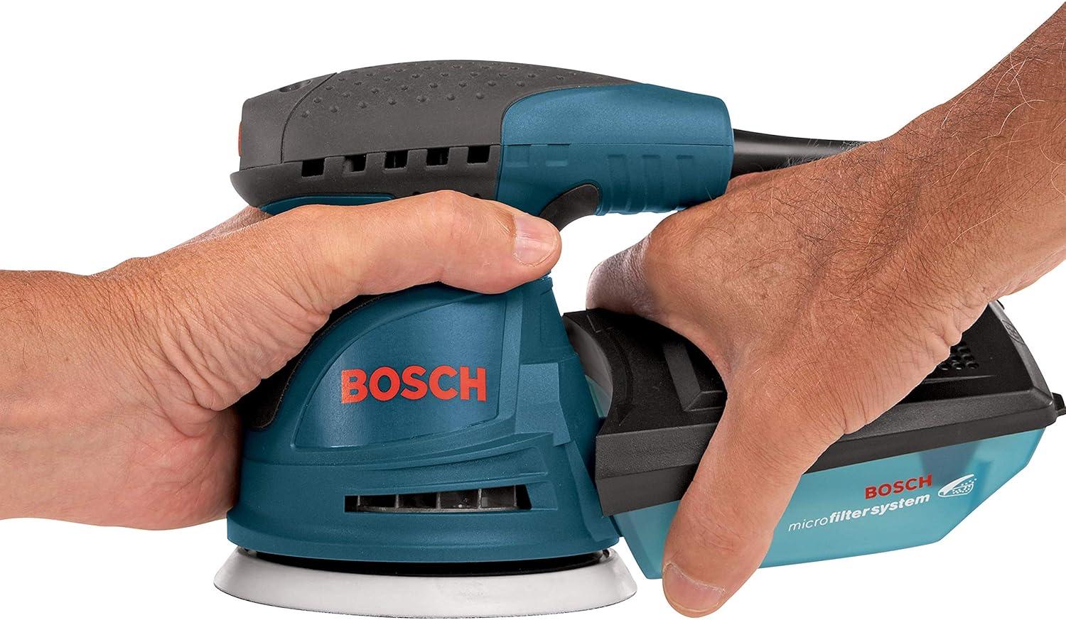 imageBOSCH ROS20VSC Palm Sander 25 Amp 5 Inch Corded Variable Speed Random Orbital Sander Polisher Kit with Dust Collector and Soft Carrying BagSander with Soft Carrying Bag
